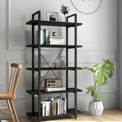5 Tier Black Wooden Bookshelves